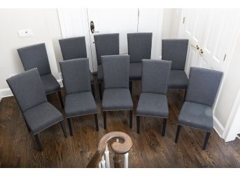 Set Of 10 Gray Fabric Dining Chairs With Nailhead Trim