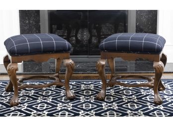 Ralph Lauren Custom Upholstered Mahogany Clawfoot Stools