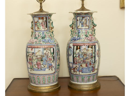 Pair Of Chinese Rose Medallion Vase Lamps