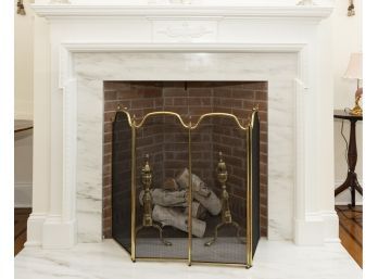 Brass Fireplace Screen- Andirons And White Spruce Logs