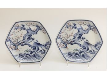 Hexagonal Blue And White Asian Display Plates