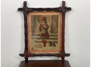 Rustic Adirondack Leaf Walnut Frame Halletta 1879 Chromo Lithograph Winter Pets