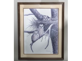 Guy Coheleach Young Great Horned Owls Tree Nest Framed Lithograph