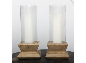 Large Glass And Wooden Candle Holders With Candles