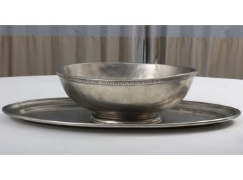 Match Pewter Low Footed Oval Bowl And Pewter Oval Platter Made In Italy