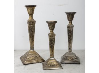 Set Of Three Brass Ornate CandleStick Holders