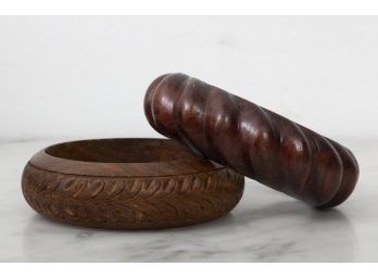 Two Vintage Carved Wood Bangle Bracelets