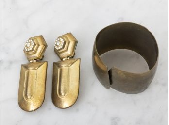 Gold Tone Art Deco Earrings And Wide Cuff Bracelet