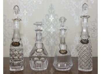 Set Of 4 Crystal Decanters With Sterling Silver Tags
