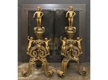 Spectacular Pair Of Bronze Andirons With Putti Top & Sides