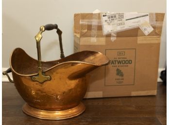 Vintage Copper & Brass Coal Bucket With Fatwood Firestarters Included