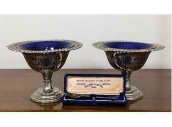Pair Of Cobalt Blue Glass Pedestal Dishes With Spoon