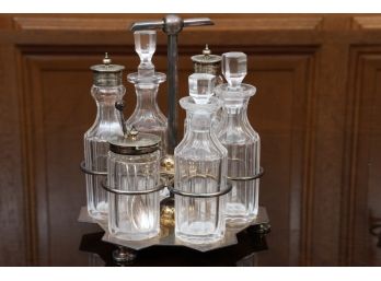 Vintage Cruet Set With Cut Glass Bottles In Silver Plated Holder