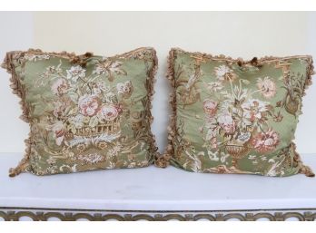 Pair Of Custom Green Floral Throw Pillows With Tassels