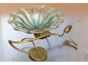Waterlily-shaped Green Glass Bowl On A Brass Metal Stand