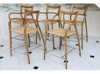 Set Of Five Mid-Century Modern Rope Seat Counter Height Stools