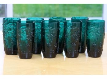 Set Of Eight Emerald Green Fruit Patterned Glasses Lot #1