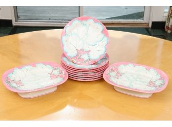 Two Porcelain Raised Platters And Eight Plates With Leaf Pattern