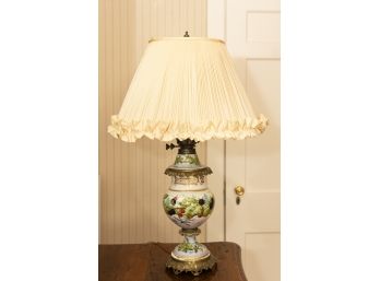 Painted Porcelain Lamp With Dual Lightbulbs And Pleated Frilled Lampshade