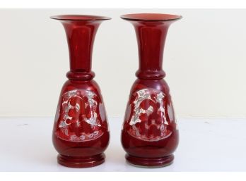 Pair Of Bohemian Frosted Glass Red Vases