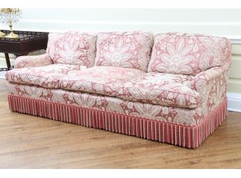 Three-Seat Rose-Colored French Floral Sofa With Fringed Base
