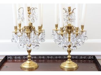 Pair Of Six-Candle Brass And Crystal Candelabra