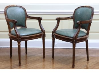 Set Of Two Dining Armchairs With Blue/Green Leather Seat