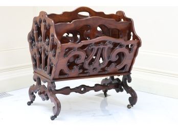 Mahogany Lace-Cut Magazine Rack With Four Compartments