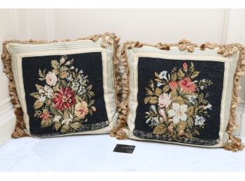 Set Of Two Needlepoint Throw Pillows With Bouquet Design