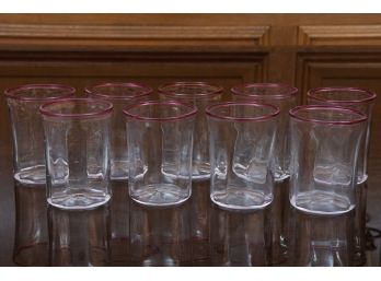 Set Of Nine Cranberry Rim Accent Glasses