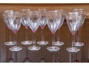 Set Of Nine Hand-Blown Cranberry Accent Wine Glasses