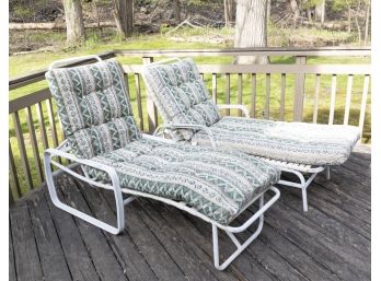 Two White Painted Lounge Chairs With Cushions
