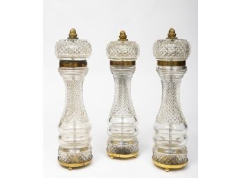French Crystal And Brass Tall Pepper Mills - Set Of 3