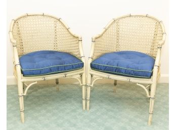 Pair Of Vintage Cream Lacquered Faux Bamboo Barrel Chairs