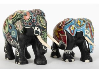 Two Vintage Hand Painted Elephant Sculptures