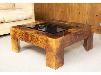 Mid Century Modern Burl-wood And Smoked Glass Cocktail Table In The Style Of Milo Baughman