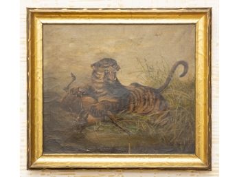 19th Century Oil On Canvas Tiger Kills Gazelle.