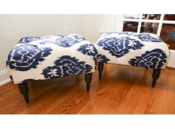 Pair Of Blue & White Tufted Benches