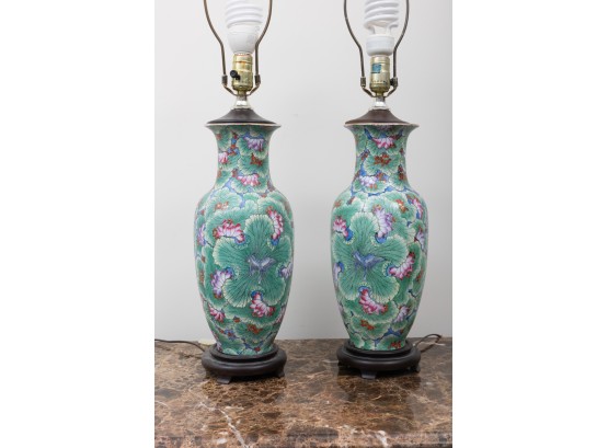 Pair Of Chinoiserie Lotus Table Lamps