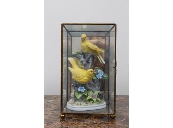 Porcelain Yellow Bird Figurine With Glass Case