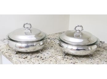 Pair Of Silver-Plated Lidded Serving Bowls With Pyrex Inserts