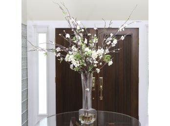 Cherry Blossom Faux Floral Arrangement In Tall Crystal Vase