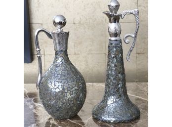 Pair Of Mosaic Glass And Sterling Silver Decanters