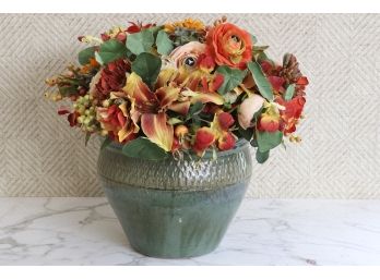 Rose, Peony, And Lily Faux Florals In Green Ceramic Vase