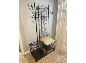 Black Finish Metal Hallway Storage Bench With Coat Rack & Umbrella Holder