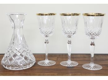 Waterford Decanter With 3 Gold Rim Glasses