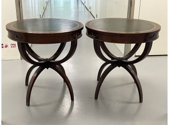 Pair Of Vintage Mahogany Leather Top Drum Tables