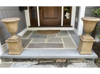 Pair Of Cement Planters On Pedastal