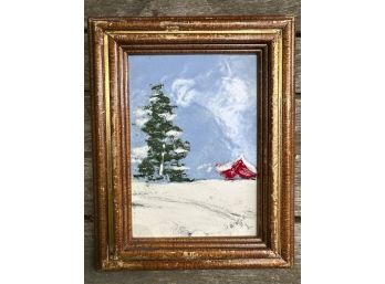 Framed Painting Of A Red Barn And A Tall Evergreen Tree