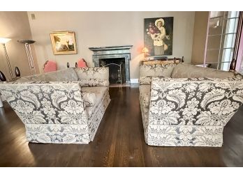 Pair Of George Smith Sofas With Cream And Taupe Damask Silk Fabric - In Excellent Condition